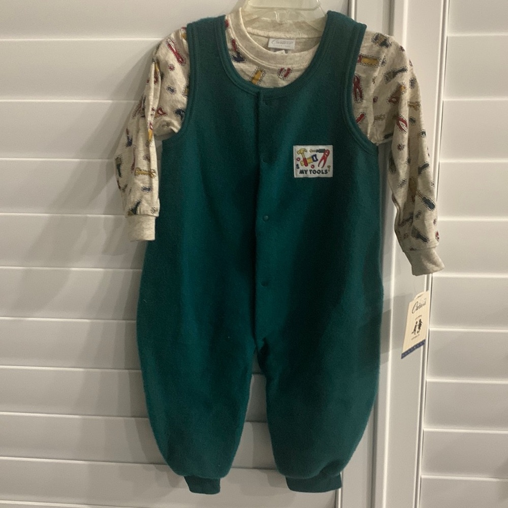 Carters Baby boys green fleece one piece with shirt set overalls 18 months NEW